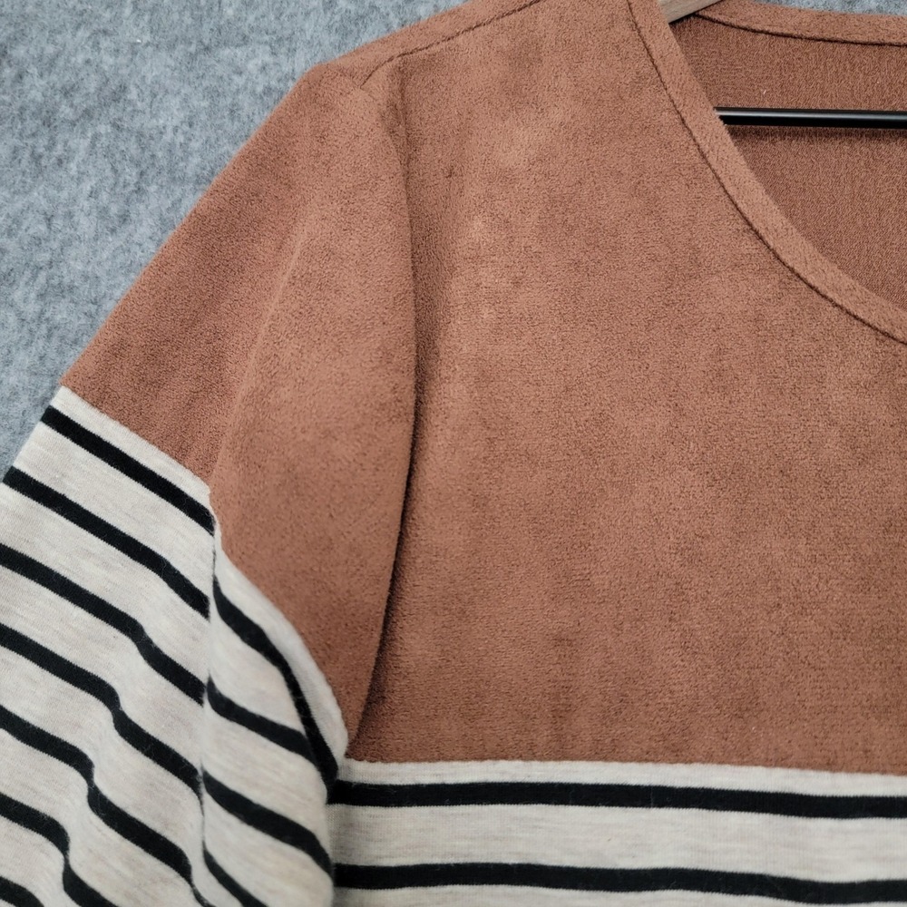 Umgee Dress Womens M Black White Stripe Brown Faux Suede‎ Elbow Patch Pockets - Picture 3 of 11